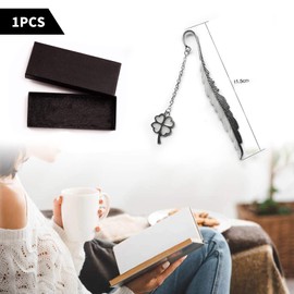 WOOXDYUK Luminous Feather Bookmark with Four Leaf Clover & Gift Box - Retro, Glows in the Dark for Book Decoration, Gift for Men, Women, Lovers (Silver)