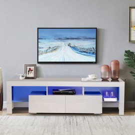 Henf Glossy White LED TV Stand for 65 Inch TVs, Entertainment Center with LED Lights, TV Stand with Storage Cabinet, Media Console Table Television Stand Desk for Living Room