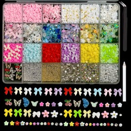 3D Colorful Flower Nail Charms, Resin Flatback Pearl Bow Nail Charms and Gems, Metal Alloy Cherry Butterfly Nail Art Charms, Gold Silver Caviar Beads Nail Rhinestones and Charms Tweezers Pickup Pencil