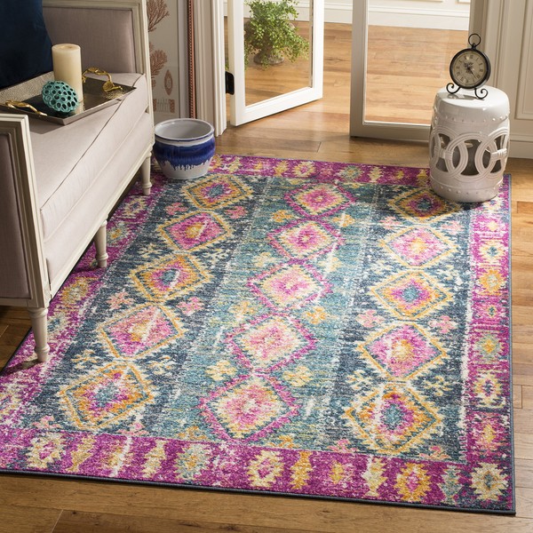 SAFAVIEH Madison Collection MAD129F Boho Chic Distressed Non-Shedding Living Room Bedroom Dining Home Office Area Rug, 6'7" x 6'7" Square, Fuchsia / Blue