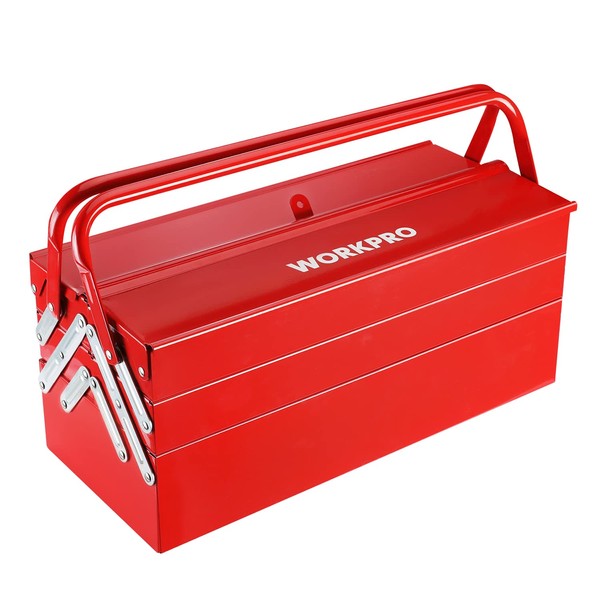 WORKPRO Metal Tool Box, 18-inch Cantilever Folding Red Storage Box,