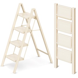 GameGem 4 Step Ladder Folding Step Stool with Wide Anti-Slip Pedal, 330LBS Capacity, Lightweight Portable Stepladder for Home and Kitchen Use, Cream White