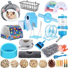 Teenyyou 24 Pcs Guinea Pig Starter Kit Essentials for Hamster Cage Accessories Toys House Bed Cage Cleaner Food Bowl Water Holder Carrier Bag Teething Toys Liner Tunnel for Beginner (Blue,XL)