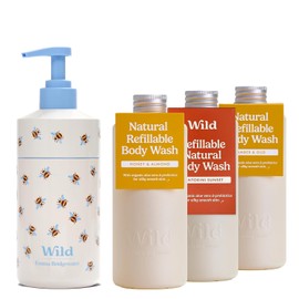 Wild Refillable Body Wash Starter Kit - Bee Print Aluminium Case & 3 Pack of Shower Gel Refills in a Variety of Scents - 95% Natural Ingredients - Honey & Almond, Amber & Oud, Santorini Sunset Scents