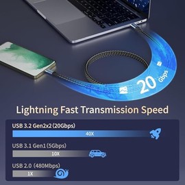 ZeroneTeck Cable USB C de 3 pies, cable USB C 3.2 Gen 2X2, salida de video para monitor 4K, transferencia de datos de alta velocidad de 20 Gbps, carga