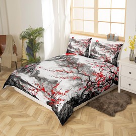 Feelyou Cherry Blossoms Bedding Set Queen Size Kids Japanese Style Comforter Cover Set for Boys Girls Teens Fuji Mountain Decor Home Decor Duvet Cover Red Sun Ink Painting Down Bedspread Cover