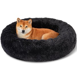 Kimpets Dog Bed Calming Beds for Small Medium Large Dogs - Round Donut Washable Puppy Dog Bed, Anti-Slip Faux Fur Fluffy Donut Cuddle Anxiety Cat Pet Bed(32'' Black)