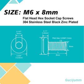 GuoYomm M6 x 8mm 40Pcs Flat Head Hex Socket Cap Screws, 304 Stainless Steel 18-8, Black Zinc Plated, Connection Furniture Bolts, Full Thread