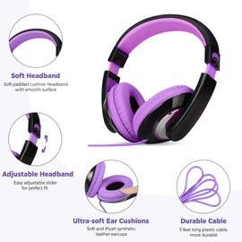 Rockpapa Comfort Kids Headphones, Over Ear Headphones Wired, Childrens Headphones with Adjustable Headband, Stereo Sound, Wired Headphones for Kids Girls Teens Adults (Purple)