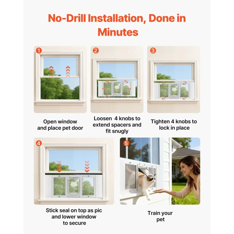 Adjustable Aluminum Frame Cat Door Window High-Transparency Glass with 4