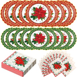 Havawish Christmas Paper Plates and Napkins, 7 in 9 in Christmas Disposable Plates Red and Green Poinsettia Flower Dinner Dessert Dinnerware for Xmas Holiday Party Supplies, Serve 24 Guests