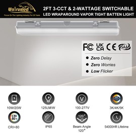 2FT LED Vapor Tight Light, IP65 IK08, 10W(1250lm)/20W(2500lm), 3/4/5000K CCT Selectable, 100-277V, Outdoor Waterproof Shop Light, Vapor Proof Lighting Fixture for Carport Parking Garage, FCC Listed