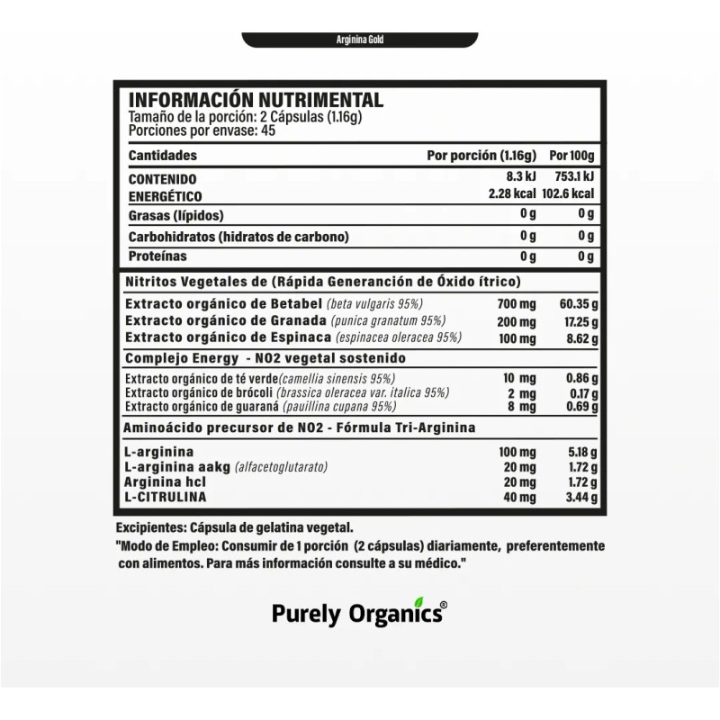 Arginina Gold | Purely Organics | 90 Cápsulas Veganas