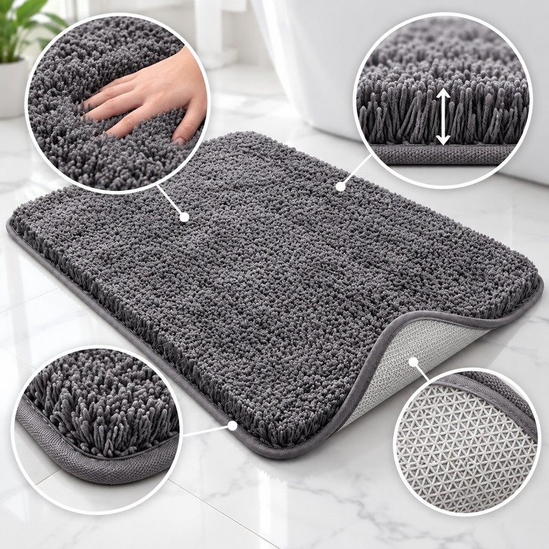 Rounded Thickened Bathroom Floor Mat, Plush Absorbent Bath Rug with