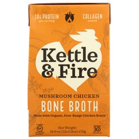 Kettle & Fire Mushroom Chicken Bone Broth, 10g Protein, Whole30, Gluten Free, 16.9 Oz (Pack of 6)