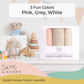 Sweet Acorn Muslin Swaddle Blanket – Soft Cotton Muslin Baby Blanket for Newborns, Infants, and Toddlers, All-Season Comfort Baby Essential - Pink, Grey and Beige