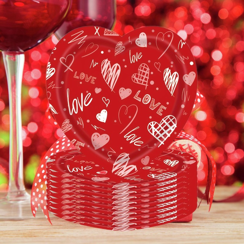 Happy Valentines Day Paper Plates Red Heart Love Shape Disposable