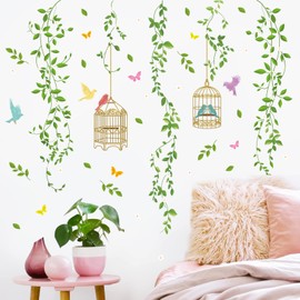 decalmile Hanging Vine Wall Stickers Green Leaves Birds Wall Decals Bedroom Living Room Sofa TV Background Wall Art Decor