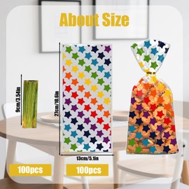 Thanksgiving Candy Bags – 100-Pack Autumn Cellophane Treat Bags with 4 Festive Designs – Includes 100 Gold Twist Ties – 10.6" x 5.1" – Ideal for Fall Parties, Harvest Festivals, and Seasonal