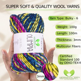 MeriWoolArt Merino Wool for Knitting - 100 m Multicoloured Thick Soft Merino Wool for Knitting for Sweater Jackets - XXL Hand Knitting Wool - Voluminous DIY Wool for Scarves Blankets Scarves Gifts