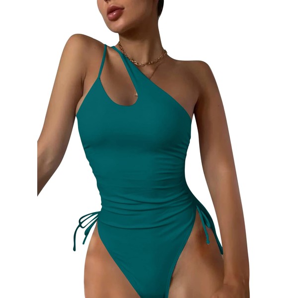 Eomenie - Traje de baño de una pieza con un hombro para mujer, sexy, corte alto, con lazo lateral, control de abdomen y cordón, verde azulado, XL