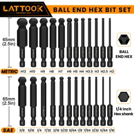 Ball End Hex Head Allen Wrench Drill Bit Set (24PCS Metric & SAE), LATTOOK 1/4" Quick Release Shank Ball End Hex Bit Set Allen Key Bit Set, Magnetic S2 Steel