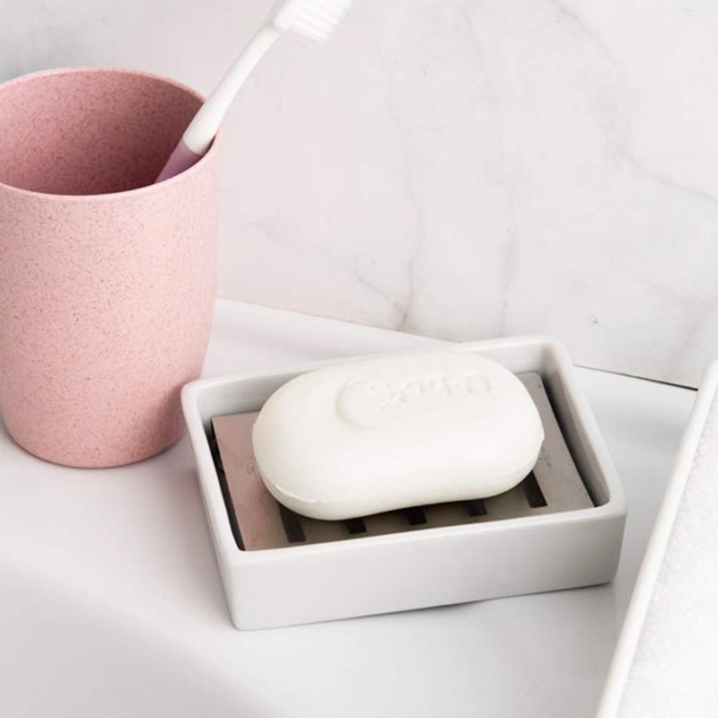 BUYGOO Soap Dish Tray, Ceramic Soap Dish, Stainless Steel Soap
