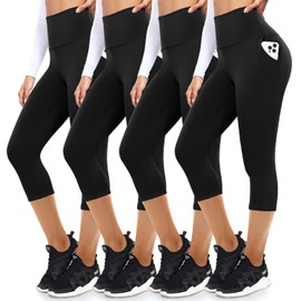 FULLSOFT 4 Pack Capri Leggings with Pockets for Women,Soft High Waisted Tummy Control Workout Yoga Baseball Pants(4 Pack Capri Black,Small-Medium)