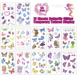Wendergo 12 Sheets Butterfly Kids Tattoos, Temporary Butterfly Stickers, Glitter Tattoos for Girls Children Birthday Party Carnival Makeup Party Bag Fillers