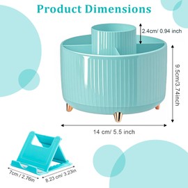 SAYEEC Rotating Pen Holder 5 Slots Desk Organizer with Adjustable Phone Stand Blue Makeup Brush Holder Organizer Cute Pencil Cup Pot Art Supply Storage Box Caddy for Office School Vanity Bathroom