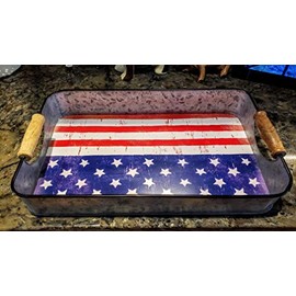 Stars and Stripes Galvanized Serving Tray 16 x 10 x 2.5 Inches - Wood Handles