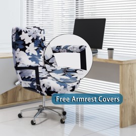WOMACO Office Chair Covers, Stretch Computer Chair Cover with Armrest Covers, Universal Boss Chair Covers Modern Simplism Style High Back Chair Slipcover (Leaves and Flowers, Large)