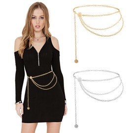 Metal Waist Chain Silver Chain Belt For Women, 2Pcs Boho Chain Accessories Skinny Waistband Chain Multilayer Dress Accessories For Women Dresses Jeans Skirts Pants