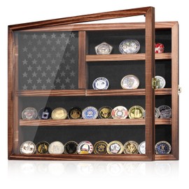 MOCAS Challenge Coin Display Case, Lockable Military Coin Holder Cabinet with Removable Star Board & HD Tempered Glass Door, Solid Wood Wall Mount Coins Collection Rack Stand