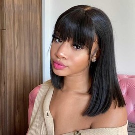 Human Hair Wig with Bang Wear and Go Glueless Wig Straight Short Bob Wig with Bangs Short Bob Wig Human Hair 2X1 HD Lace Front Wig Human Hair 10INCH