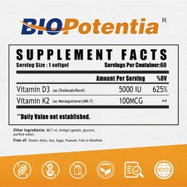 Vitamin D3 K2 with MCT Oil – 5000 IU D3 & 100mcg K2 MK-7 – Supports Bone, Teeth & Immune Health – Non-GMO, Gluten-Free – 60 Softgels