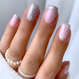 24Pcs Christmas Press on Nails Short Square Snowflake Fake Nails Glitter French Tips Christmas Glue on nails Full Cover Acrylic Stick on Nails Winter Snow Flake Artificial False Nails for Women Girls