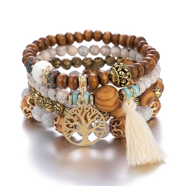 GAUEIOUR Boho Beaded Bracelet,Tree of Life Pendant Multilayer Wooden Beaded