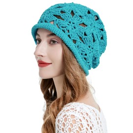 ZLYC - Gorro Holgado de algodón para Mujer, Hecho a Mano, con diseño de Calavera Floral para Verano, Crocheted Peacock Blue, One Size