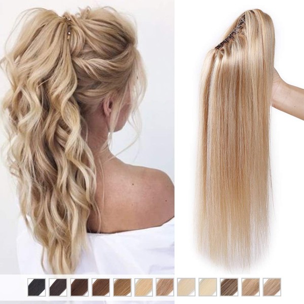 Human Hair Ponytail Extension Claw on Clip Real Human Hair Natural HairPiece Straight (#18/613 Ash Blonde Mix Bleach Blonde, 14 Inch)