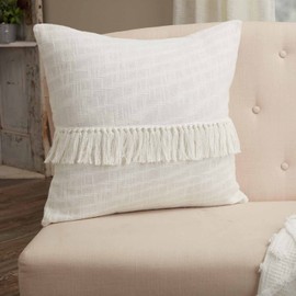 Piper Classics Harmony Throw Pillow Cover w/Fringe, 20" L x 20" W, Farmhouse, Boho, Vintage Chenille Bedding, Off White Woven, Textured Fabric