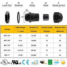 XHF 50 Pcs 3/8" IP68 Strain Relief Nylon Cord Grip Waterproof NPT Cable Glands Adjustable UL Listed and RoHS Compliant(Black)