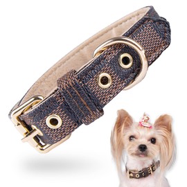 Paipeper Dog Collar, Dog Collar, Basic Collar, Cats, Small Dogs, Medium Dogs, Pet Supplies, Adjustable, Leather, Stylish, Stray Tag Choker (Dark Curry) Plaid Pattern XS