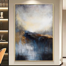 Blue Landscape Prints Blue Black Abstract Wall Art Modern Abstract Artwork Blue and Gold Pictures Black White Blue Gray Wall Art Gray Sky Art Work Navy Blue Abstract Painting for Bedroom 16x24in Frameless