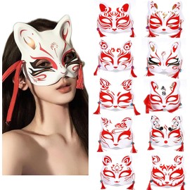 Wowjimi Fox Face Mask Set of 10, Cosplay, Fox, Half Face, Japanese Style, Bell Included, Summer Festival, School Festival, Stylish, Cute, Halloween, Photo Photography (Red)