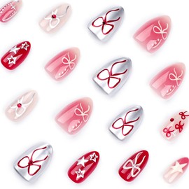 24Pcs Valentines Nails Press on Nails Medium Almond Shape Nails Bows Fake Nails with Nail Glue Red Silvery Glossy Acrylic Nails Design Full Cover Valentines False Nails Stick on Nails for Women