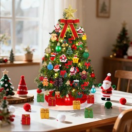 Celltestria 75Pcs Mini Christmas Tree Decorations kit Tiny Xmas Ornaments Miniature Resin Hanging Ornaments Small Tree Skirt Ball Star Topper with Light for Christmas Decorations