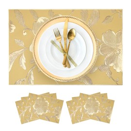 Square Gold Placemats Set of 6 Tablemats 11.8x17.7 inch Vinyl Place Mats Table Setting Kitchen Table Mats for Dining Table Holiday Wedding Party Decorative