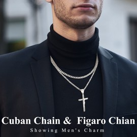 Nymerianoble Cross Necklace for Women Mens Necklace Stainless Steel Cross Chain for Men Boys Silver Cuban Link Figaro Chain Layered Cross Necklaces Birthday Graduation Gifts for Her