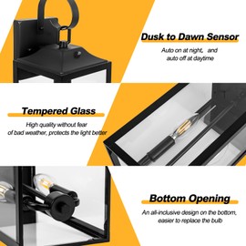 Yolsunes Black Dusk to Dawn Outdoor Wall Lantern 2-Light, 19" Large Outside Modern Porch Sconce Light Fixture, Industrial Porch Light Wall Mount with Glass, Waterproof Farmhouse Exterior Lamp Lighting